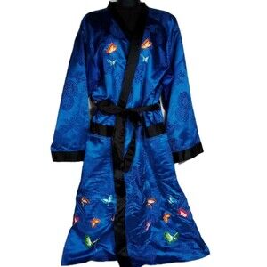Women's Beautiful Blue Satin Kimono Lounge Robe With Tie W Butterfly